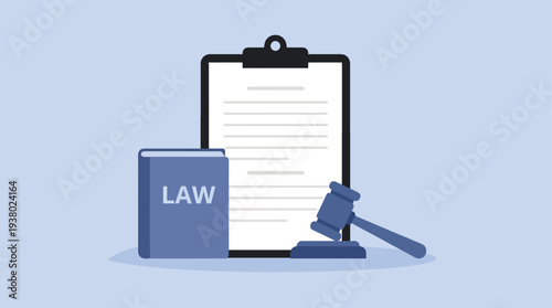 Legal concepts illustrated with a gavel law book and clipboard document