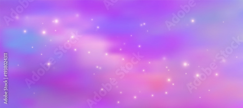 Purple gradient sky background with dreamy pastel stars creating an ethereal evening atmosphere. Soft clouds blend into lavender hues for elegant backdrop designs.