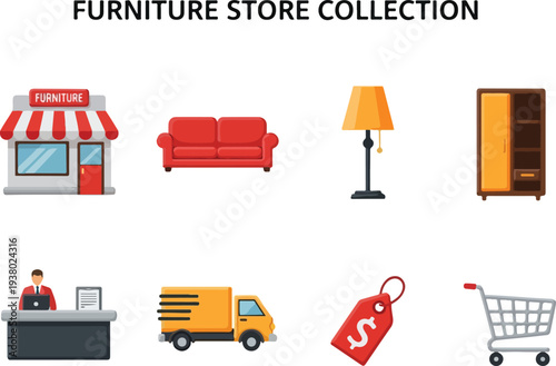 A furniture store illustration features items like a shop sofa lamp cabinet desk truck price tag and cart