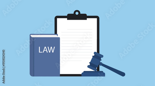 Legal concepts illustrated with a law book gavel and clipboard