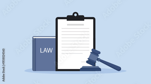 Legal concepts illustrated with a law book gavel and clipboard