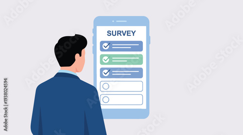 Man viewing a survey on his smartphone considering multiple choice questions