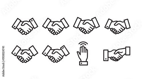 Business handshake icons partnership agreement and contactless greeting