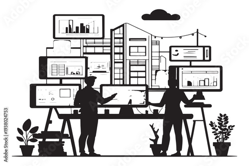 Businessman working diligently at modern office desk with multiple screens