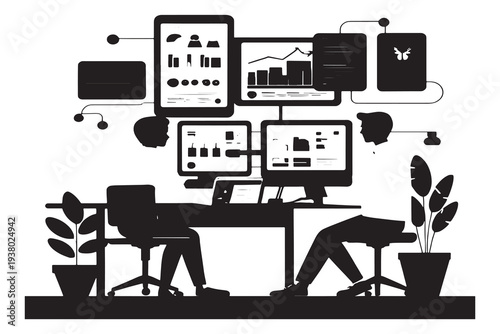 Businessman working diligently at modern office desk with multiple screens