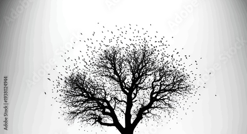 Bare tree with many birds flying around and perched on branches against a white background