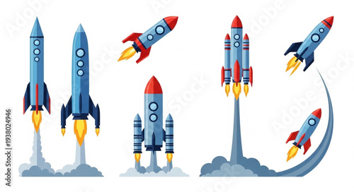 Collection of cartoon rockets launching into space with flames.