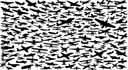 Collection of various airplane silhouettes on white background airplanes aircraft planes flying aviation transportation travel