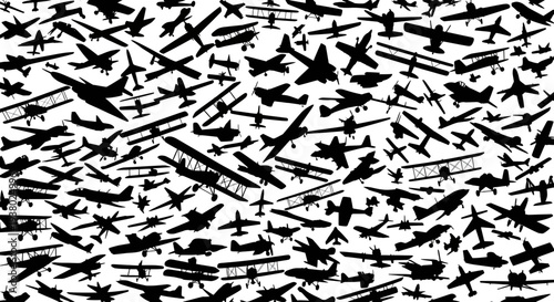 Collection of various black silhouettes of airplanes and biplanes on white background vintage retro aviation