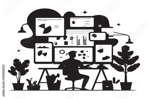 Businessman working diligently at modern office desk with multiple screens