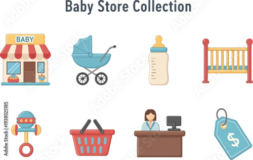 Baby store collection store stroller bottle crib rattle basket cashier price tag