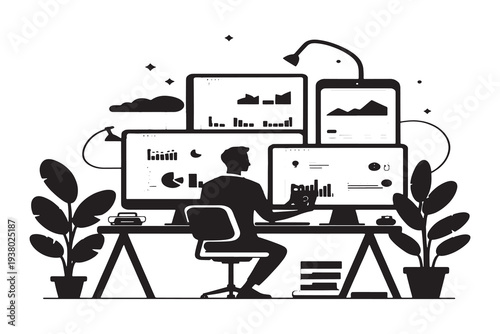 Businessman working diligently at modern office desk with multiple screens