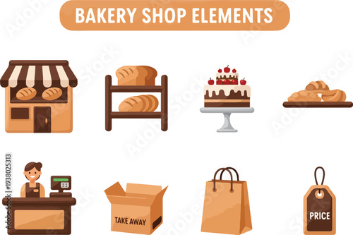 Bakery shop elements illustration Includes a shop bread cake croissants cashier box bag and price tag