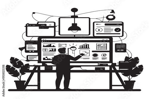 Businessman working diligently at modern office desk with multiple screens