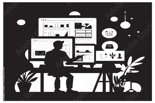 Businessman working diligently at modern office desk with multiple screens