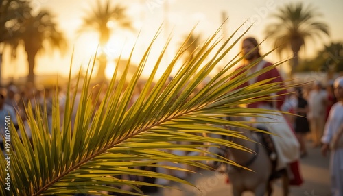 A palm branch in the foreground with a blurred background of people celebrating Palm Sunday during sunset
