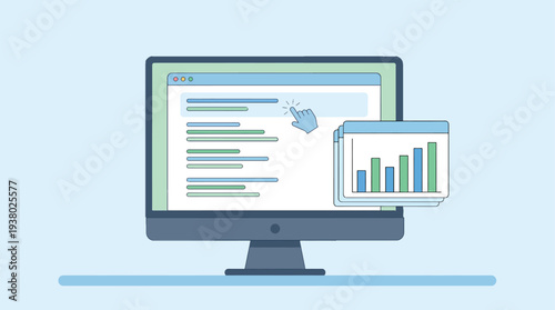Analyzing website data with charts and a hand clicking on a search bar