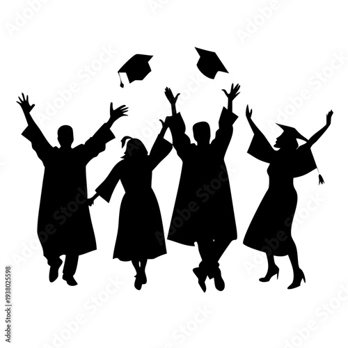 Graduation Group Silhouette Vector – Students in Caps and Gowns Celebrating Commencement Icon