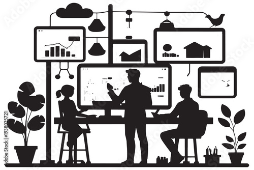 Businessman working diligently at modern office desk with multiple screens