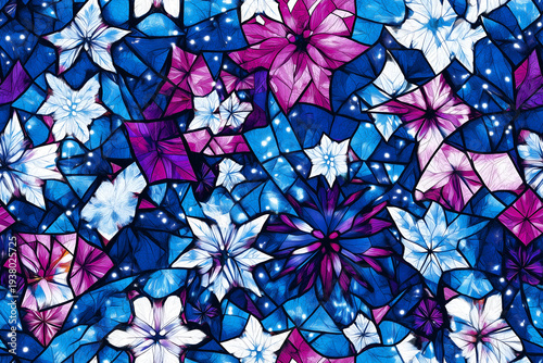 Seamless stained glass window pattern with blue and purple flowers