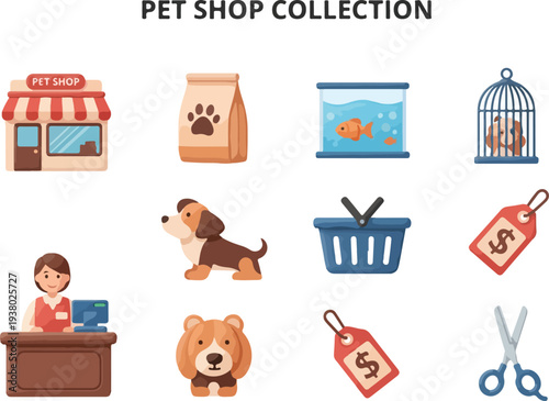 Collection of pet shop icons shop food bag fish tank caged animal cashier dog basket price tag puppy scissors
