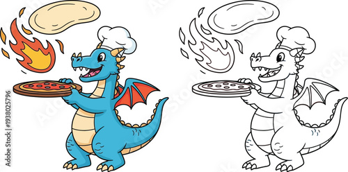 Cartoon Dragon Chef with Pizza Fun Coloring Page for Kids and Food Enthusiasts