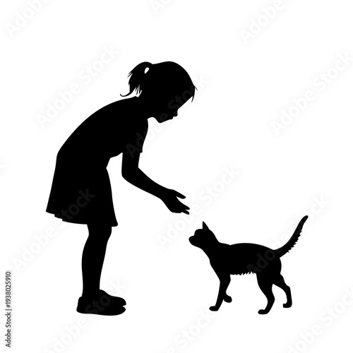 Silhouette of a Little Girl Playing with a Domestic Cat