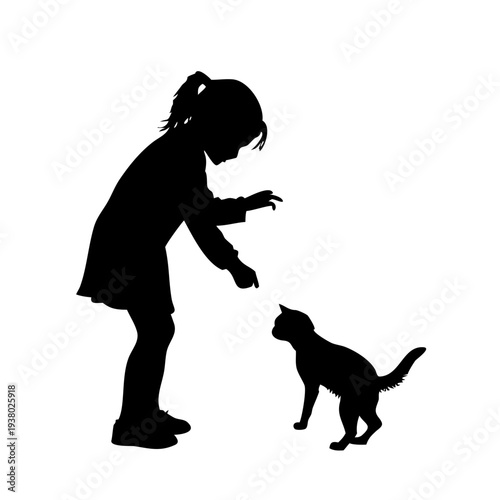 Silhouette of a Little Girl Playing with a Domestic Cat