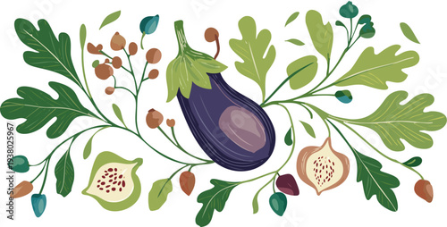 Hand drawn folk art eggplant and fig arrangement with oak leaves and berries; Whimsical harvest vegetable illustration, stylized botanical bounty border; Colorful autumn garden set, modern rustic