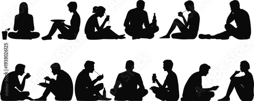People sitting silhouettes, casual postures, eating drinking, social interaction, relaxed lifestyle, conversation art, human behavior, minimalist design, leisure activity illustration