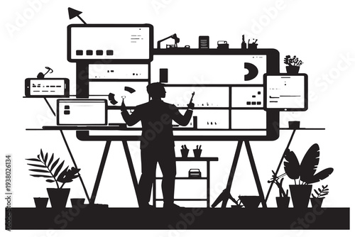 Businessman working diligently at modern office desk with multiple screens