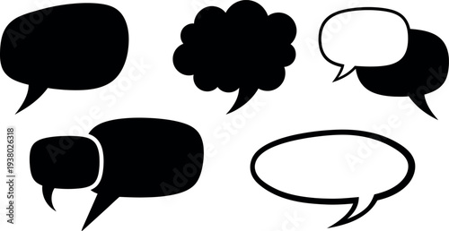 A collection of six different black and white speech bubbles on a plain white background for dialogue and communication design