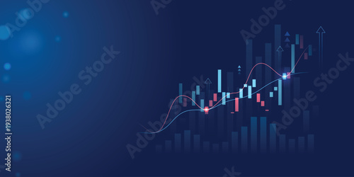 stock market growing up with volume bars and indicators blue abstract bokeh background