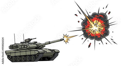 Military Tank Firing Cannon Explosion.