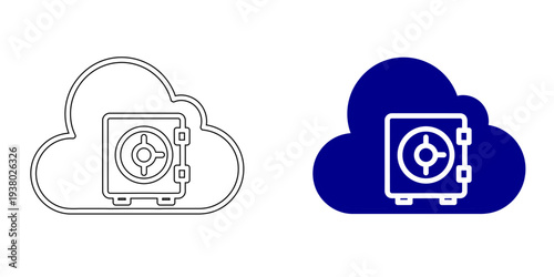 Cloud Computing Security Safe Box Icon Representing Financial Data Protection Cyber Privacy and Secure Digital Banking Vault in Navy Blue Line Art and Solid Style Vector Graphics