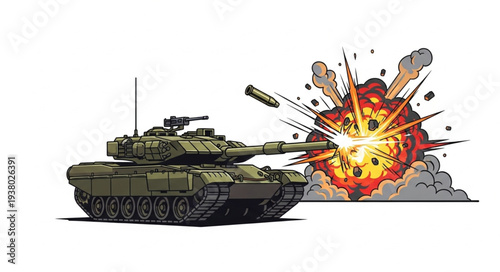 Military Tank Firing Cannon Explosion.