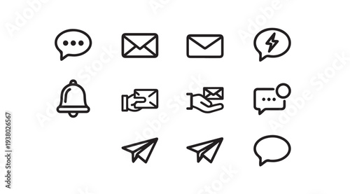 Communication Icons Set: Messages Mail Notifications Paper Planes Bell