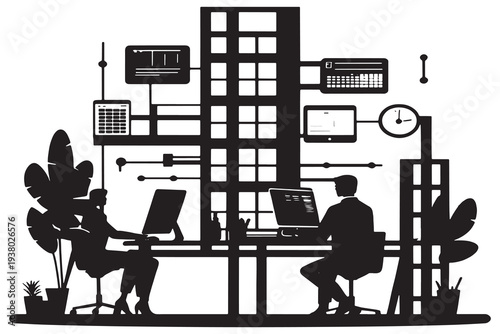 Businessman working diligently at modern office desk with multiple screens