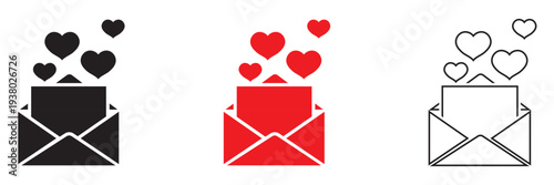 Love Letter Envelope Icons Set With Hearts. Envelopes with heart symbols representing love messages, romantic email, and Valentine communication in black, red, and outline styles.