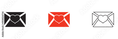 Love Letter Envelope Icons Set With Hearts. Envelopes with heart symbols representing love messages, romantic email, and Valentine communication in black, red, and outline styles.
