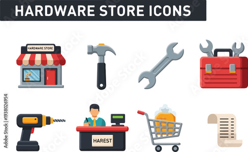 Hardware store icons arranged on a white background Icons include a shop hammer wrench toolbox drill cashier cart and receipt
