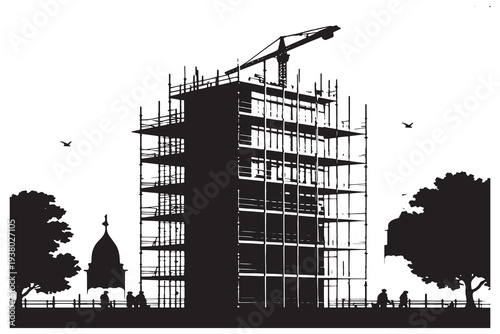 Modern building under construction with scaffolding