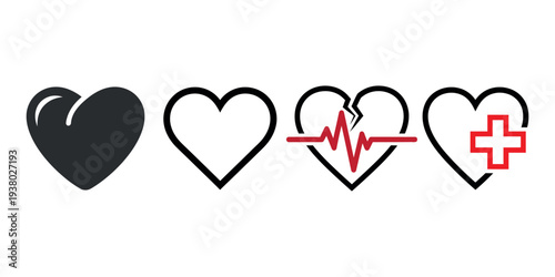 Heart silhouettes with medical theme including silhouette