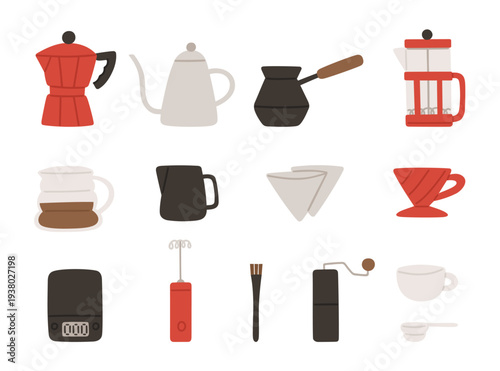 Devices for different coffee brewing methods. Vector illustration set in cartoon flat style. Pour-over, geyser coffee maker, french press, cezve. Equipments for coffee making icons isolated on white b