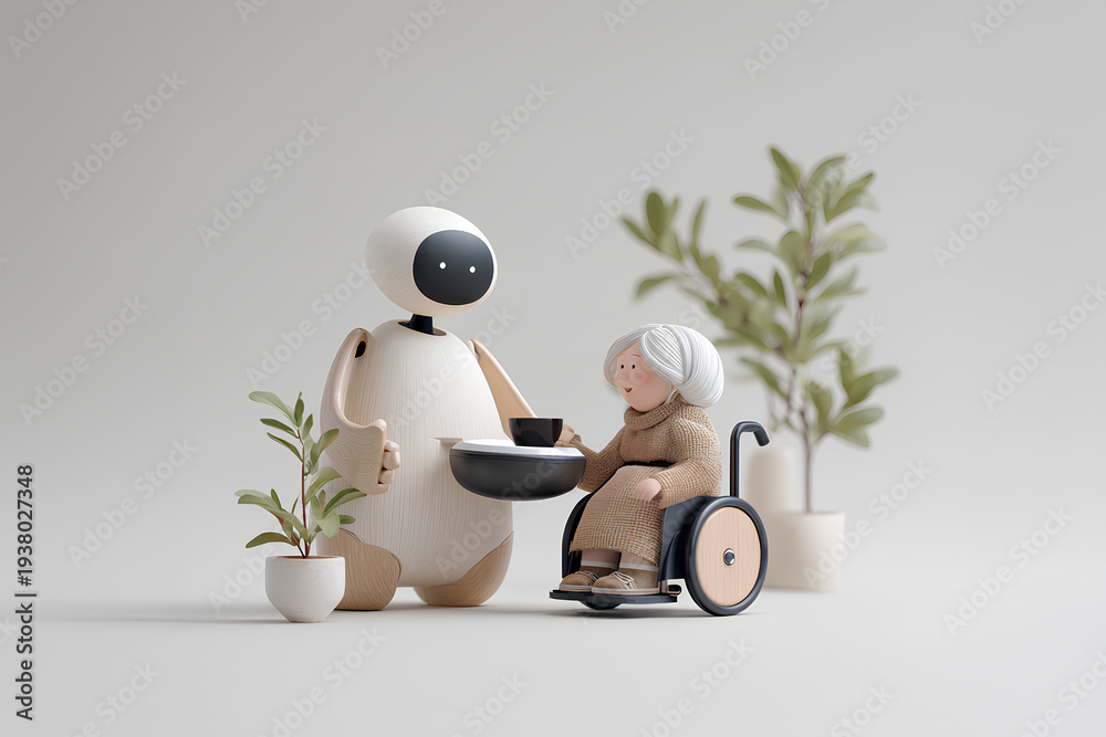 Naklejka premium 車椅子の高齢者の朝食をやさしく見守るAIロボットの未来生活 