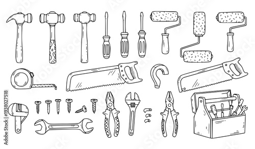 Hand drawn tools vector doodle set – playful workshop icons