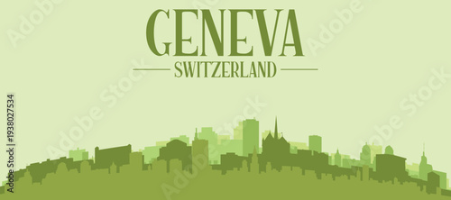 Green panoramic poster of the city skyline with solid background buildings on a hilly terrain of GENEVA, SWITZERLAND