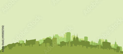Green panoramic poster of the city skyline with solid background buildings on a hilly terrain of WROCLAW, POLAND