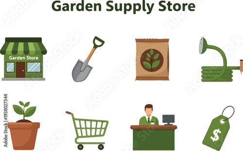 Image shows a garden supply store logo with garden tools