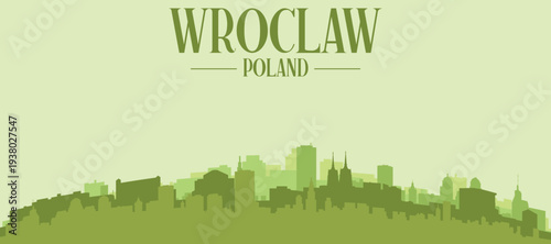 Green panoramic poster of the city skyline with solid background buildings on a hilly terrain of WROCLAW, POLAND
